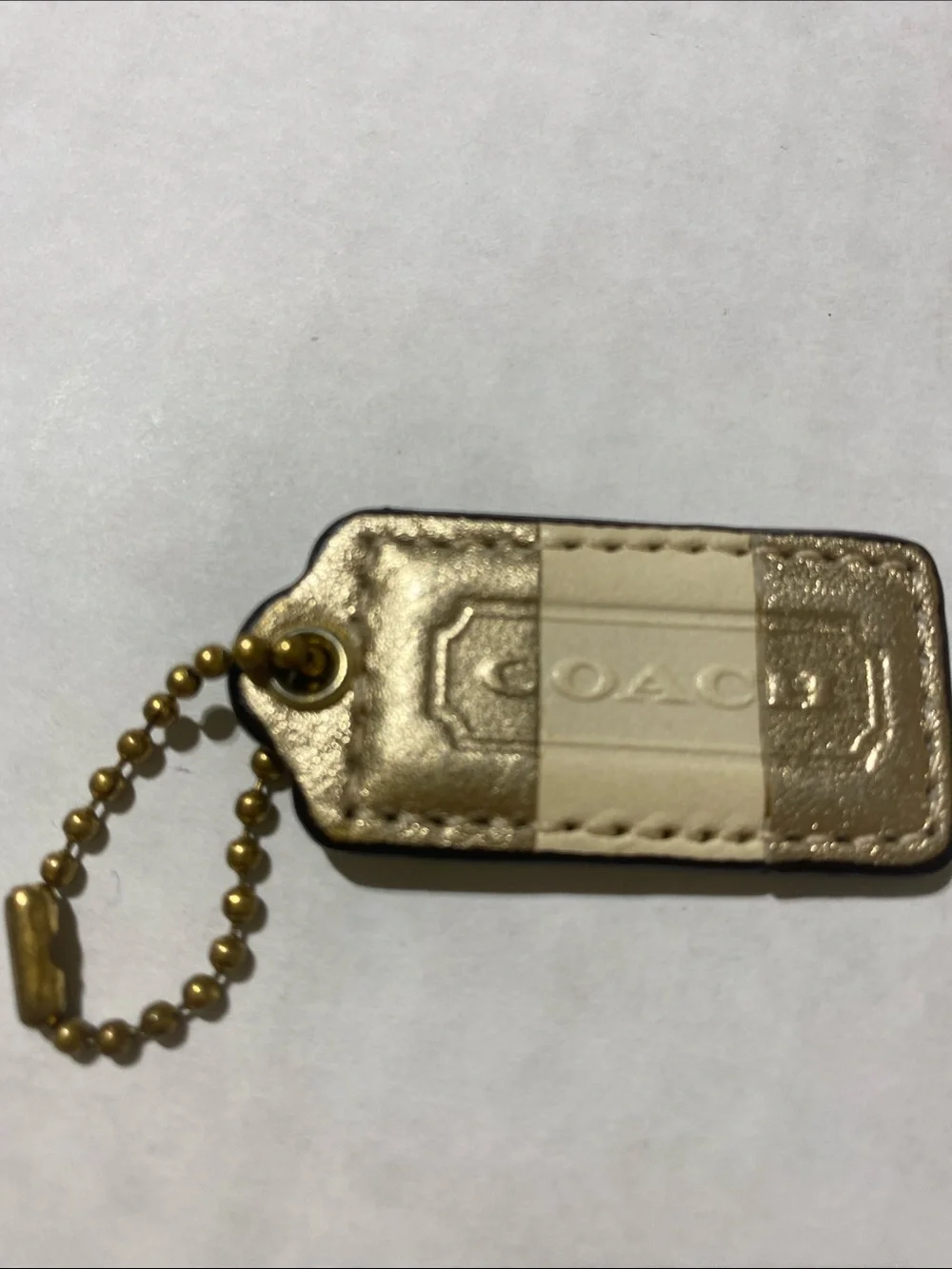 Vintage Rare y2k Coach Metallic Gold and Cream Leather Bag Tag with Gold Chain